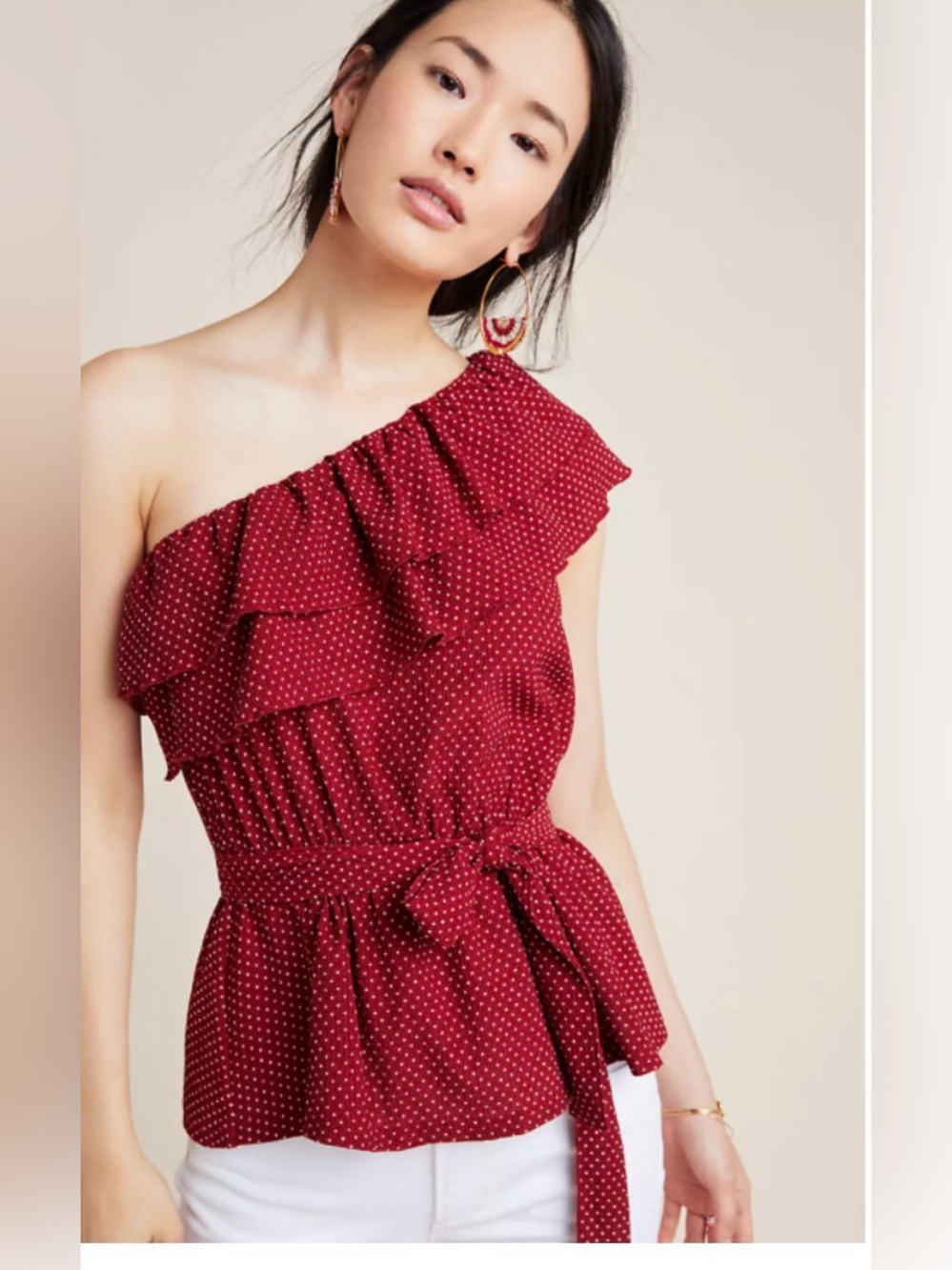 One-Shoulder Red Polka Dot Ruffle top
